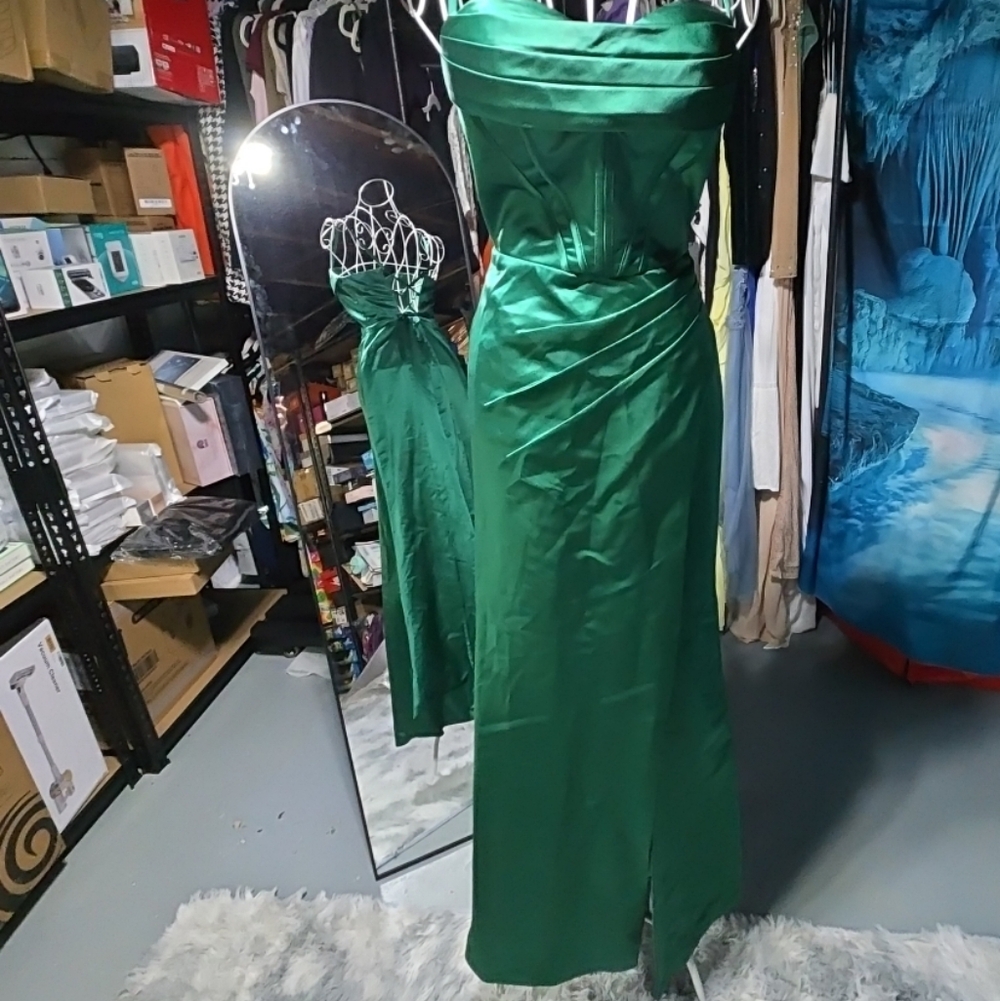 Emerald Green Corset Dress Satin Tie Up Back With Front Slit Size 2